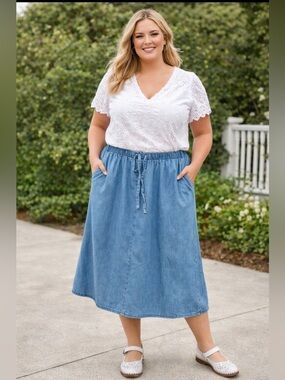 Woman Within Light Blue Denim Midi Skirt with Drawstring Waist